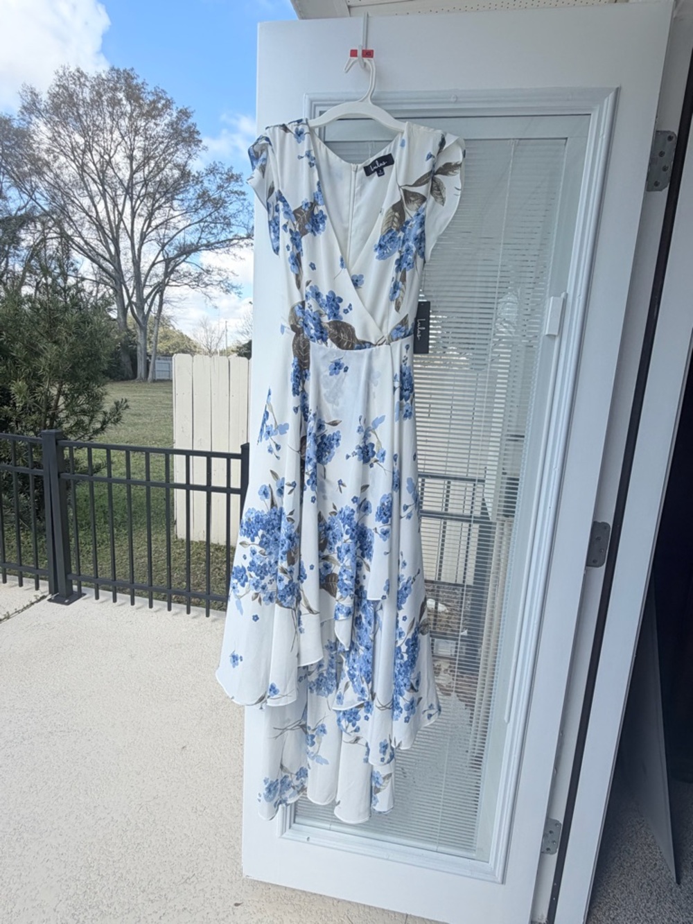 White and Blue Floral Wrap Maxi Dress